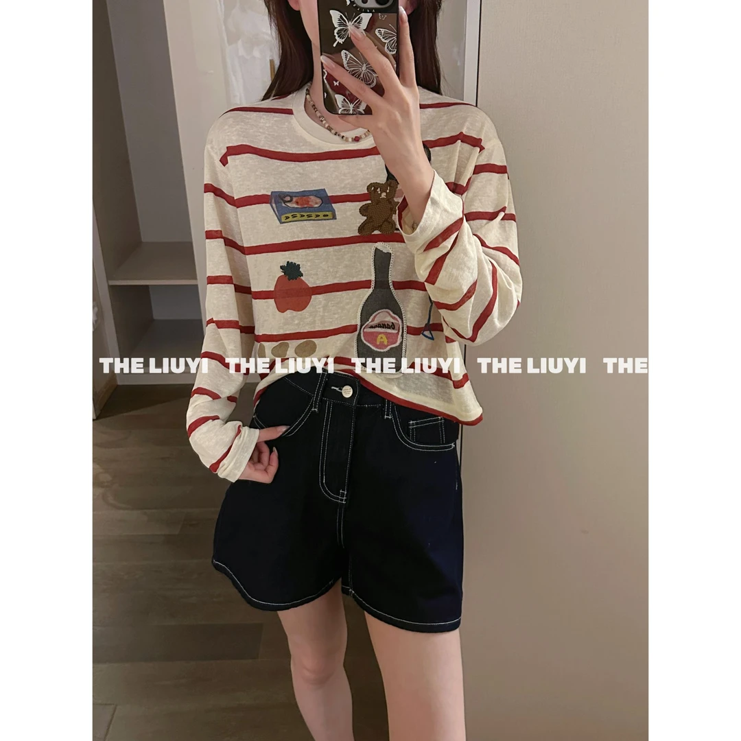 【LIUYI】条纹轻薄卡通印花长袖T恤57154