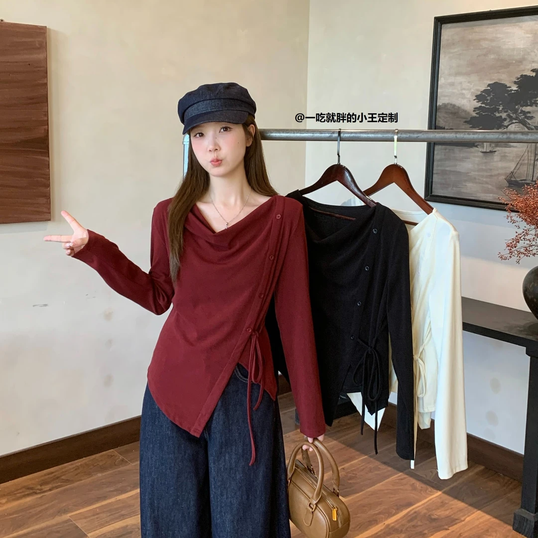 【小王家】秋装新款胖mm大码女不规则荡领长袖T恤法式气质绑带上衣
