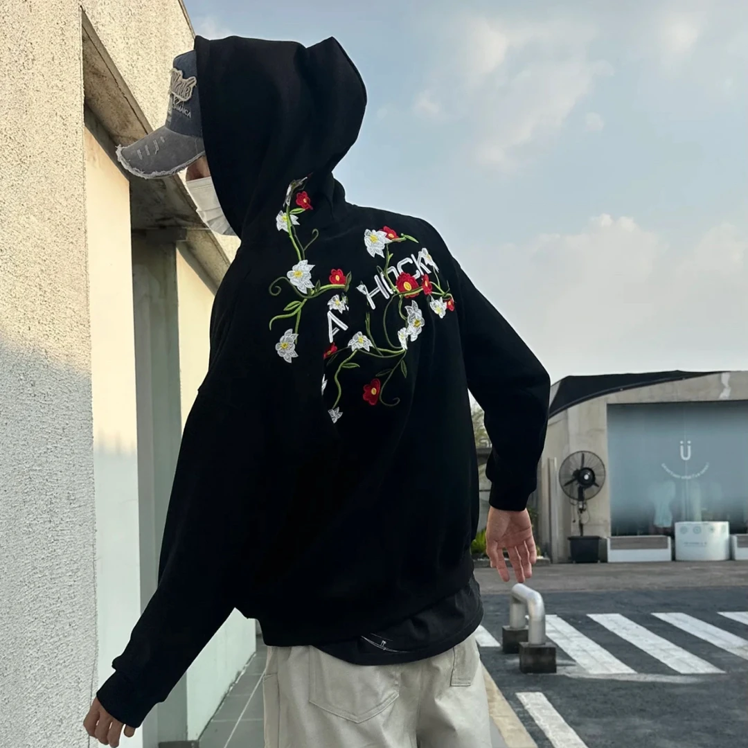 E24#微瑕！介意不拍！国潮连帽花卉满背刺绣加绒连帽卫衣