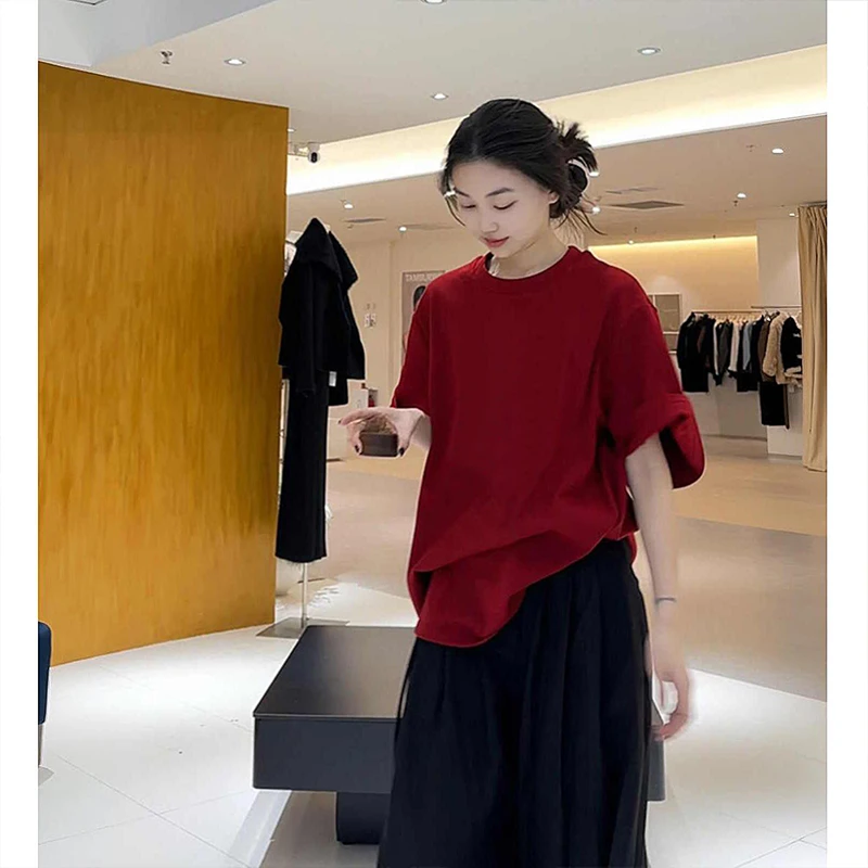 纯色圆领正肩短袖T恤女2025春夏新款慵懒风宽松休闲百搭打底上衣