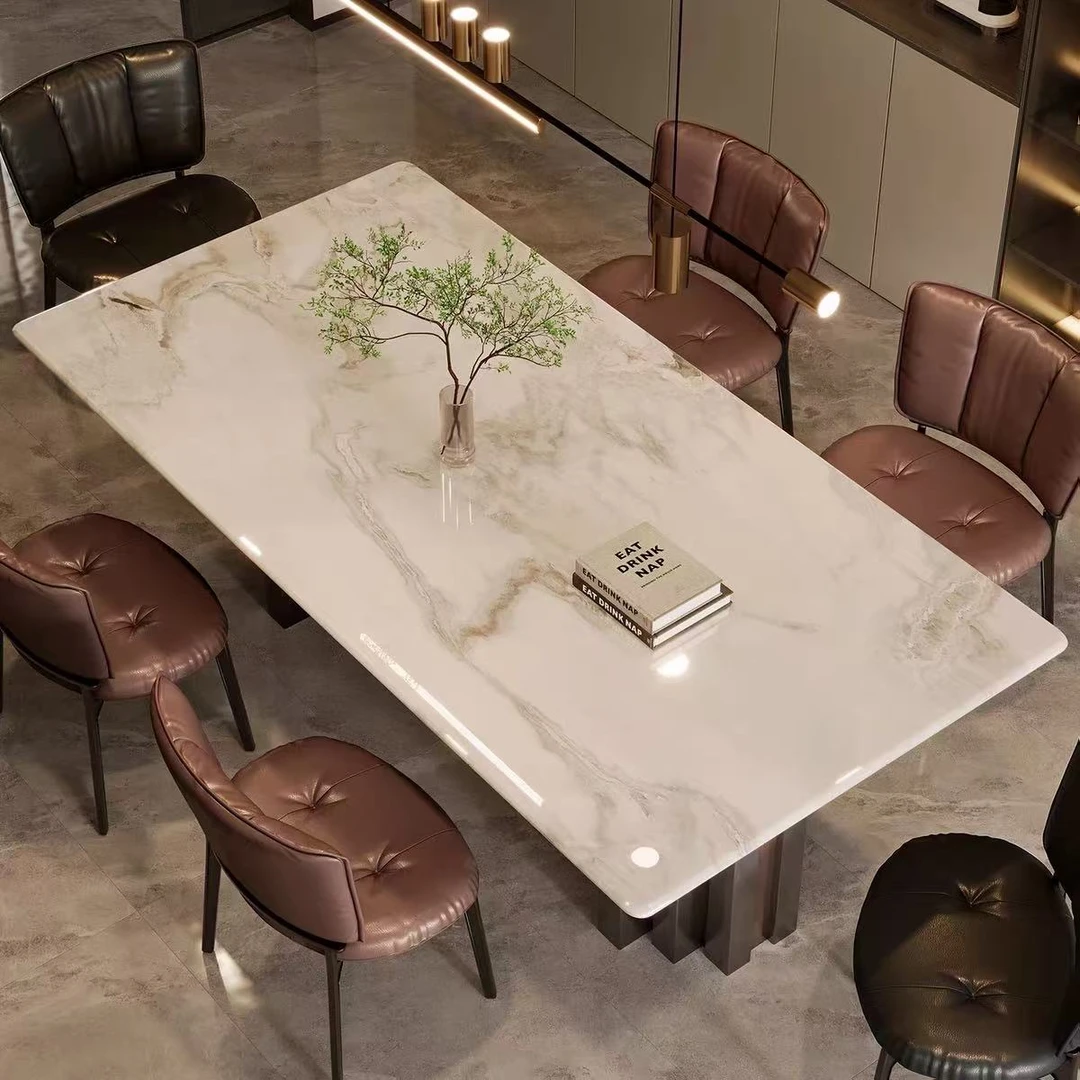 天然芬迪白奢石餐桌轻奢高端别墅餐厅天然大理石餐桌