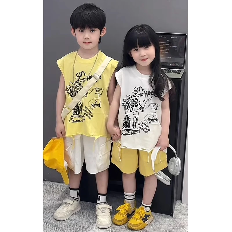 男童夏季新款背心姐弟装女童无袖纯棉上衣儿童短袖短裤休闲两件套