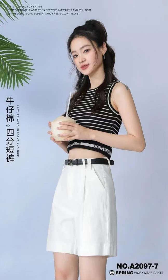 酷朵A2097高腰阔腿裤五分裤夏季短裤牛仔韩版宽松