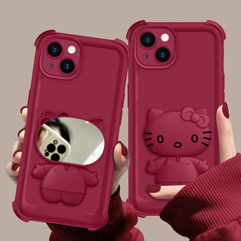 适用于苹果13四角防摔保护壳猫咪支架酒红手机壳创意网红全包女款