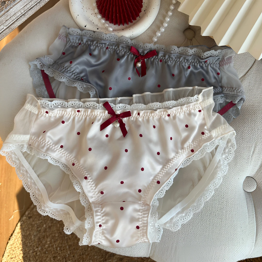 草莓冰甜美纯欲风波点蝴蝶结三角少女可爱浪漫中腰红色蕾丝小内裤