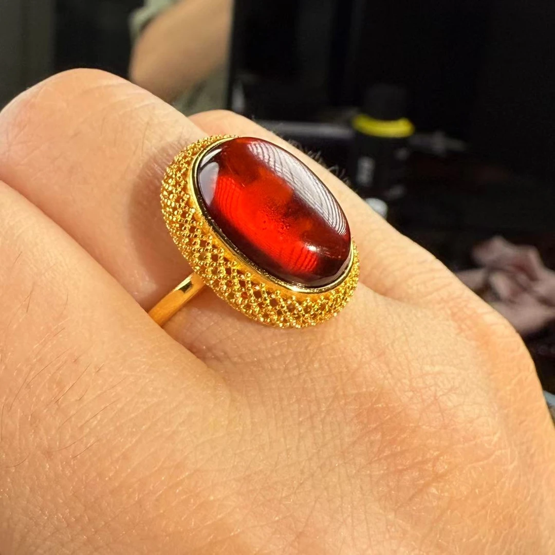 夏歌珠宝 --缅甸天然琥珀戒指手工气质时尚金色简约