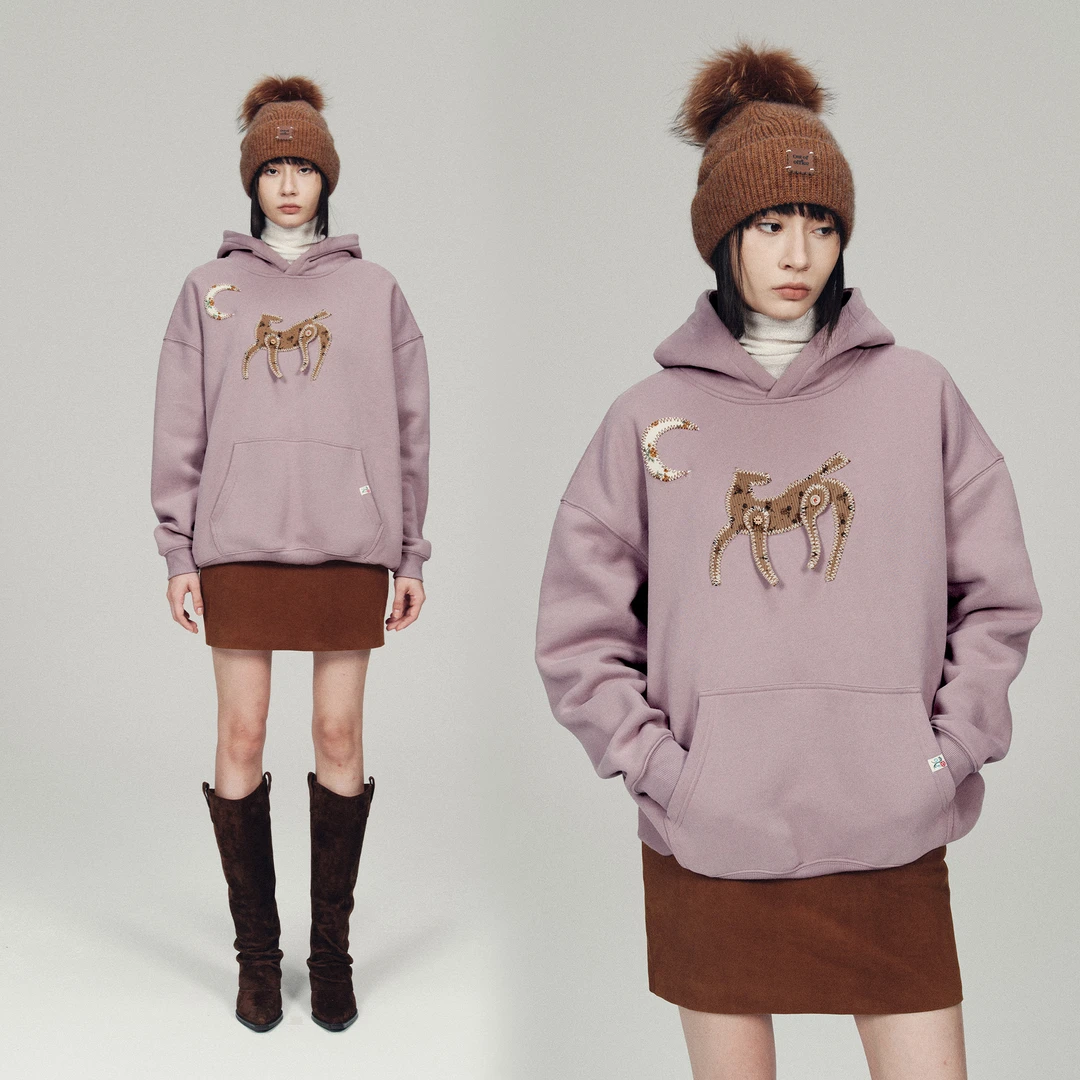 OFF COURSE OFFICIAL月亮小马趣味拼花布抓绒连帽卫衣