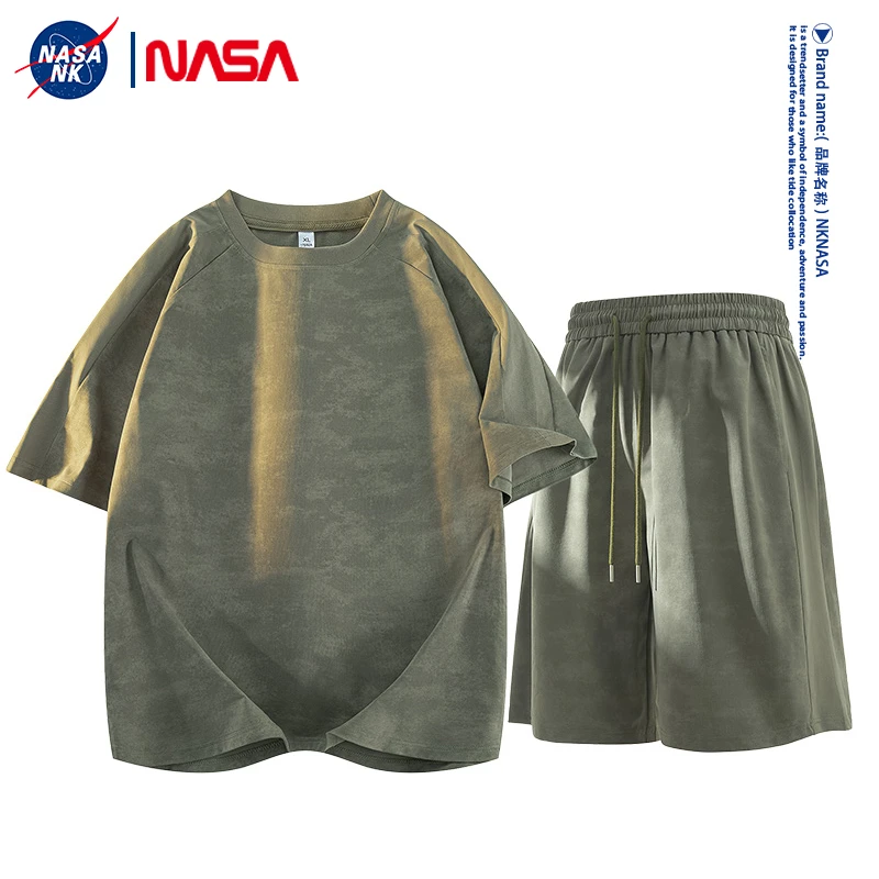 NASA联名冰感夏季扎染短袖套装男士小众设计感美式复古潮流两件套