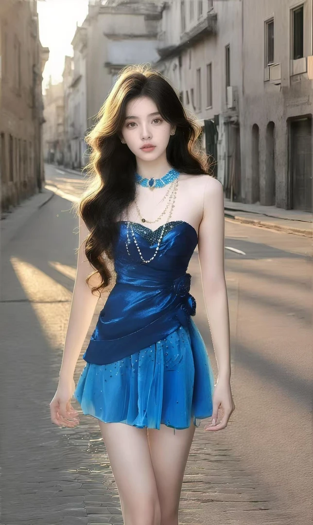 时尚新款蓝色桃心领收腰连衣裙女小众设计高端优雅轻奢气质氛围感