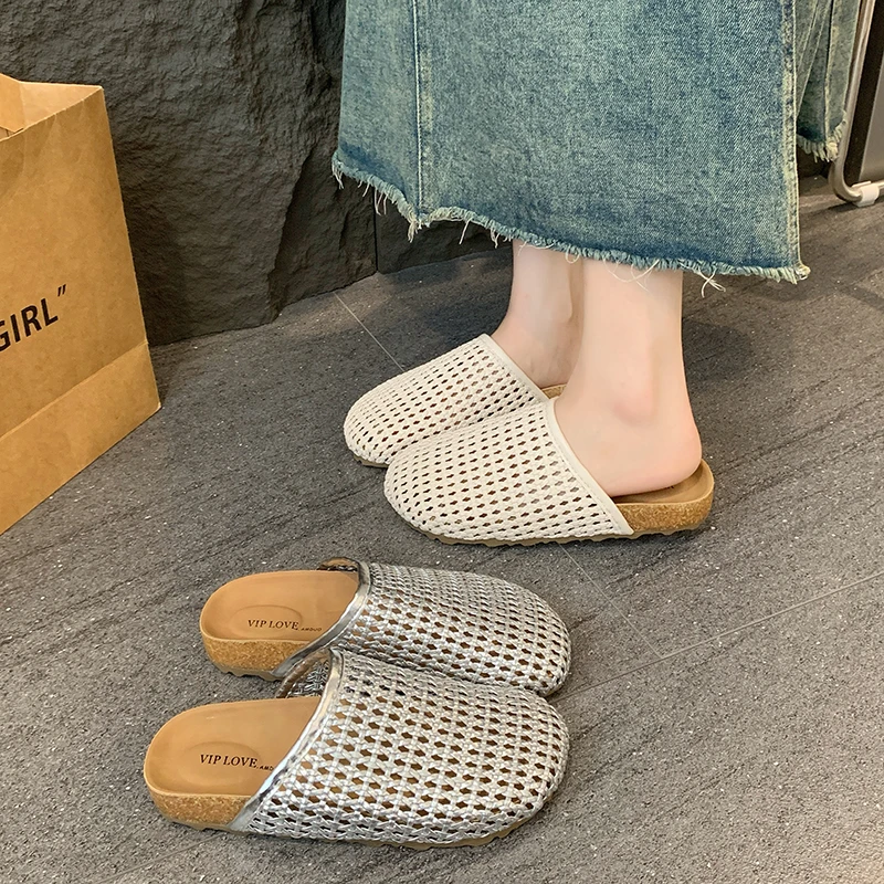 包头半拖鞋女夏外穿2025新款超火一脚蹬孕妇单鞋法式编织镂空凉拖