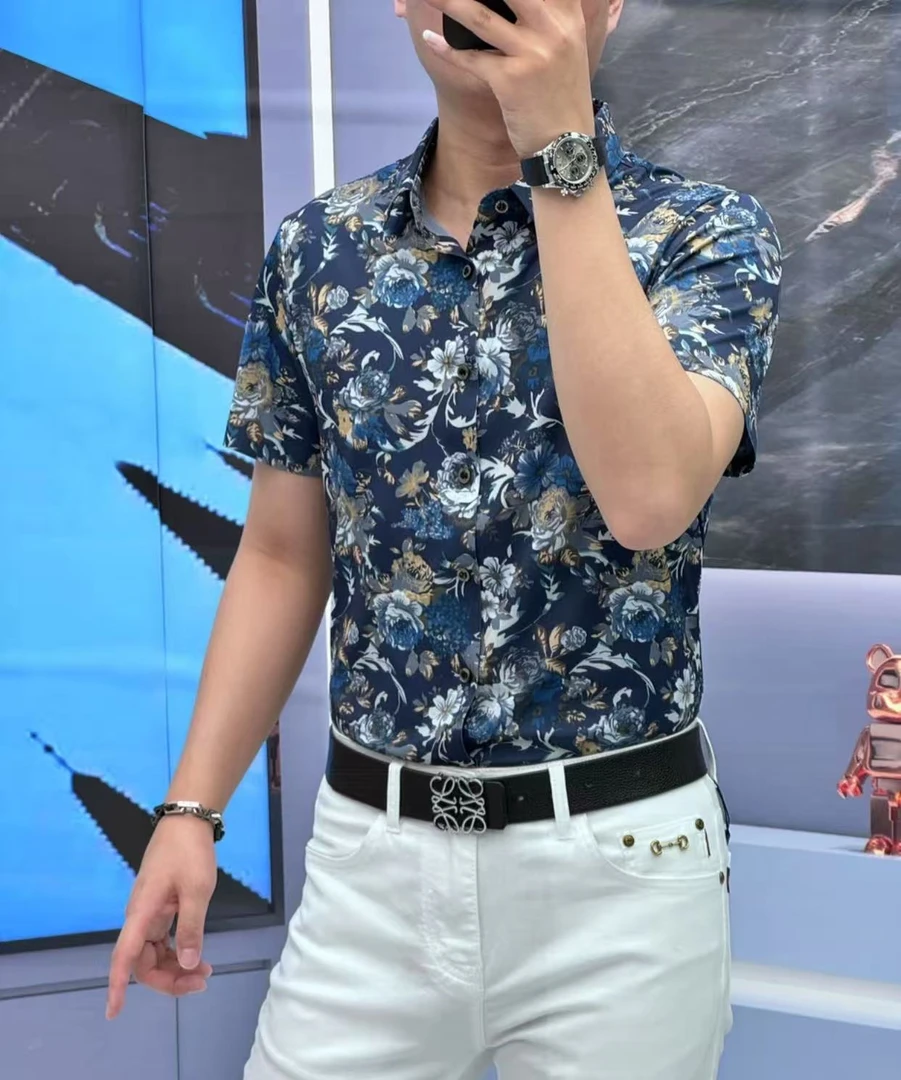 FLD25夏季桑蚕丝莱赛尔印花高品质男士时尚百搭休闲商务短袖衬衫