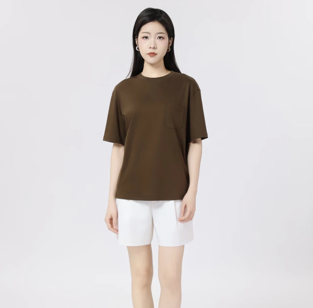 新款时尚质感简约基础百搭口袋圆领短袖T恤女装530102