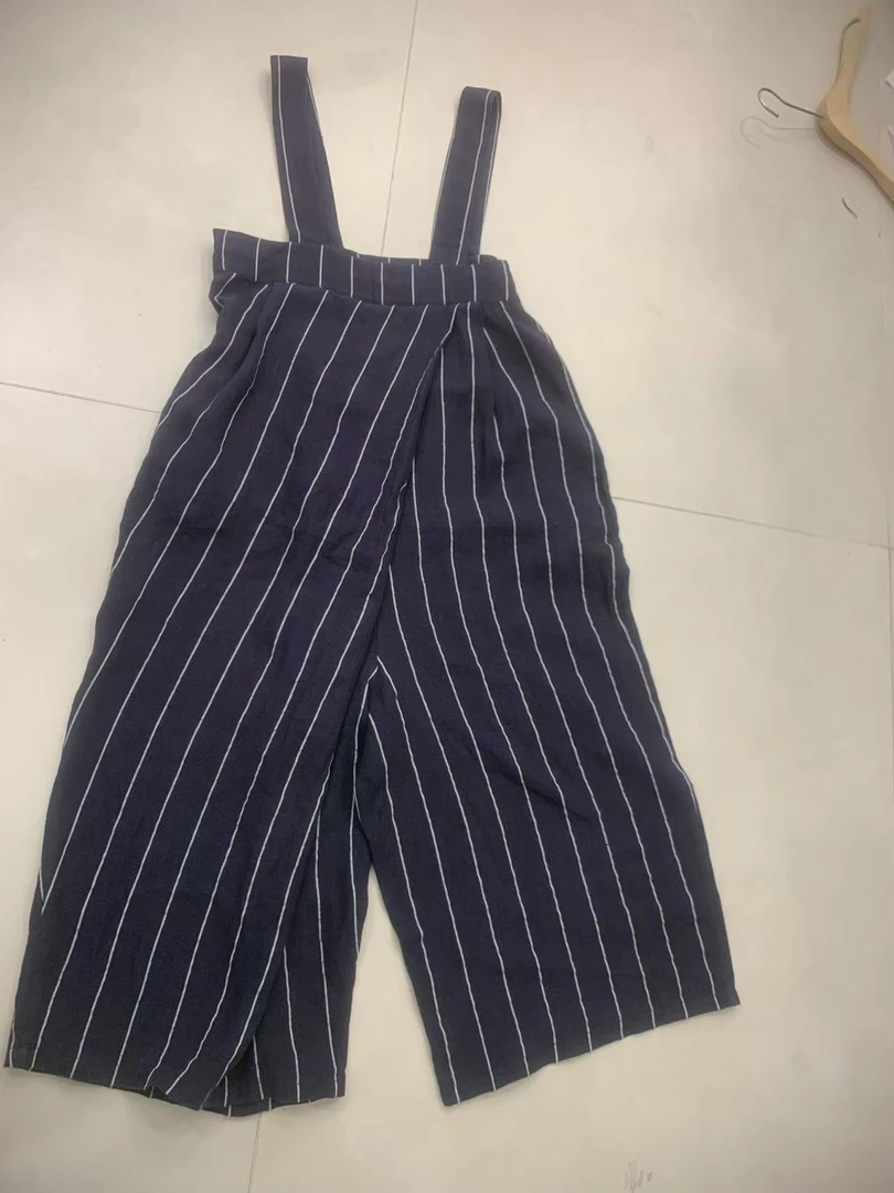 色织亚麻复古风背条纹带裤女宽松背带阔腿背带裤