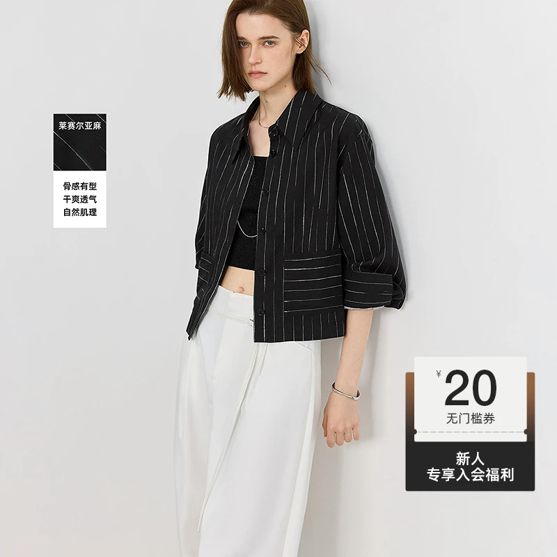 LILY2025夏新款莱赛尔亚麻条纹印花翻领衬衫式外套女125249C3921