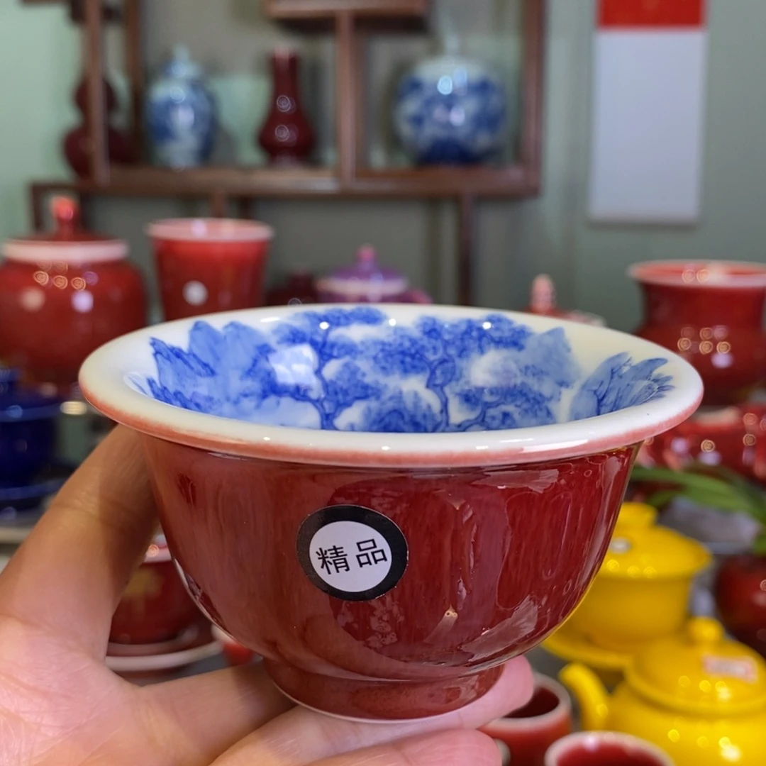 清欢雅玩原矿郎红精品内绘山水压手杯