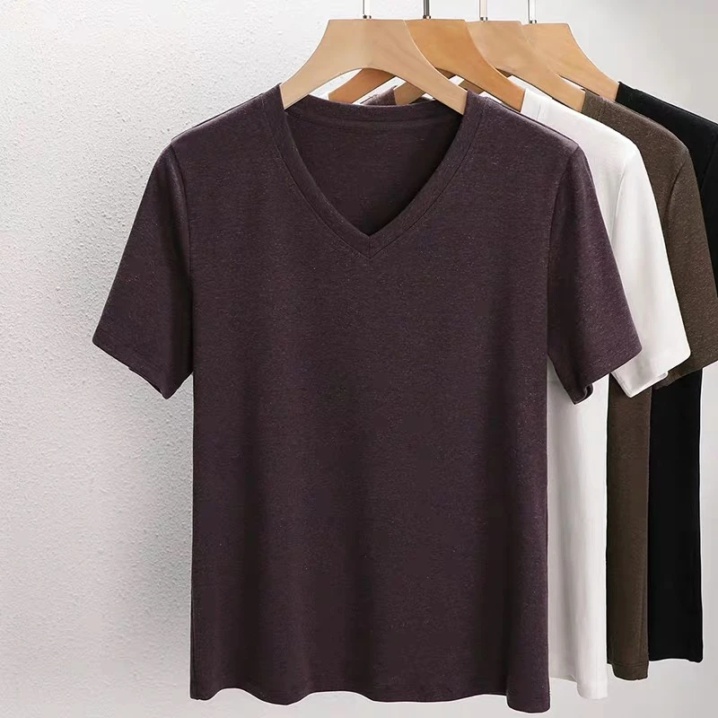 LILI【精致】V领 亚麻＋莱赛尔 简约T恤舒适百搭纯色短袖99257