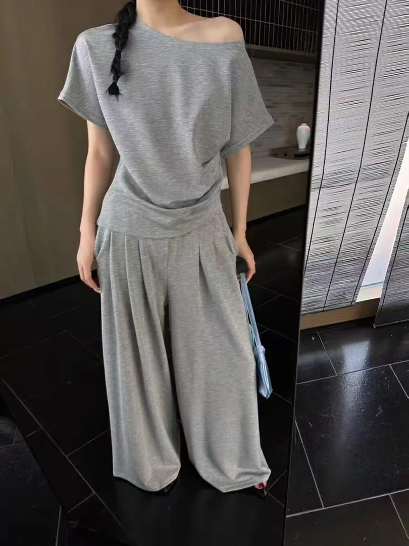 「小吴家」慵懒风套装斜肩短袖T恤女高腰宽松休闲阔腿裤运动两件套