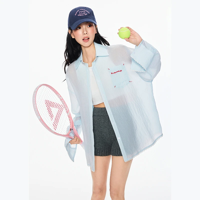 T-BUG海盐系织带拼接条纹衬衫女手绘刺绣休闲上衣长袖时尚户外