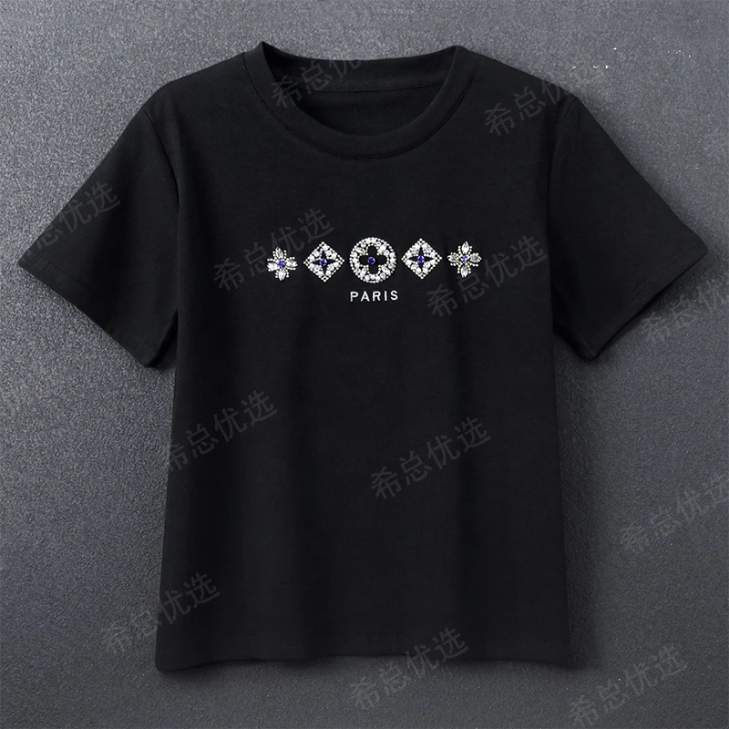 2025夏季新款设计感显瘦百搭时尚圆领上衣重工钉珠刺绣短袖T恤女