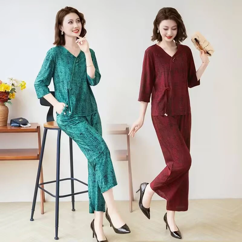 2025国风气质时尚两件套装春夏新款洋气中袖上衣减龄显瘦妈妈装
