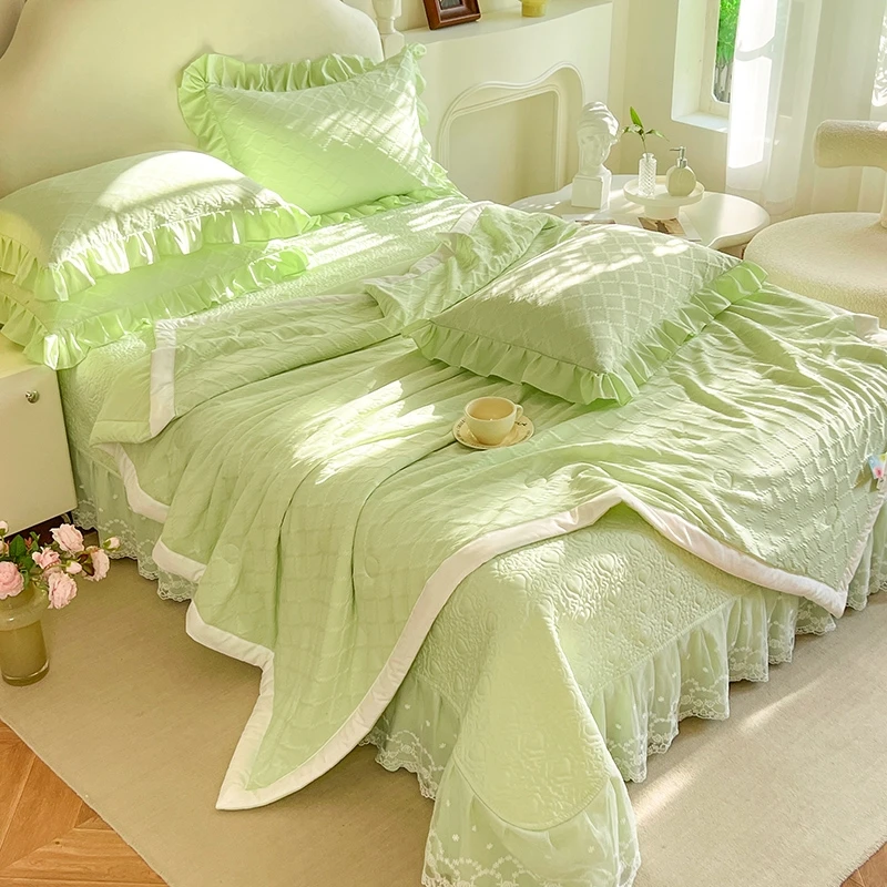 新款直播水洗棉提花床盖款夏被四件套薄款韩式单人机洗公主风清新
