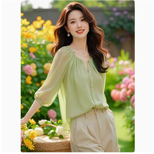 2025新款法式气质雪纺衫女七分袖夏季别致漂亮小衫宽松遮肚子减龄