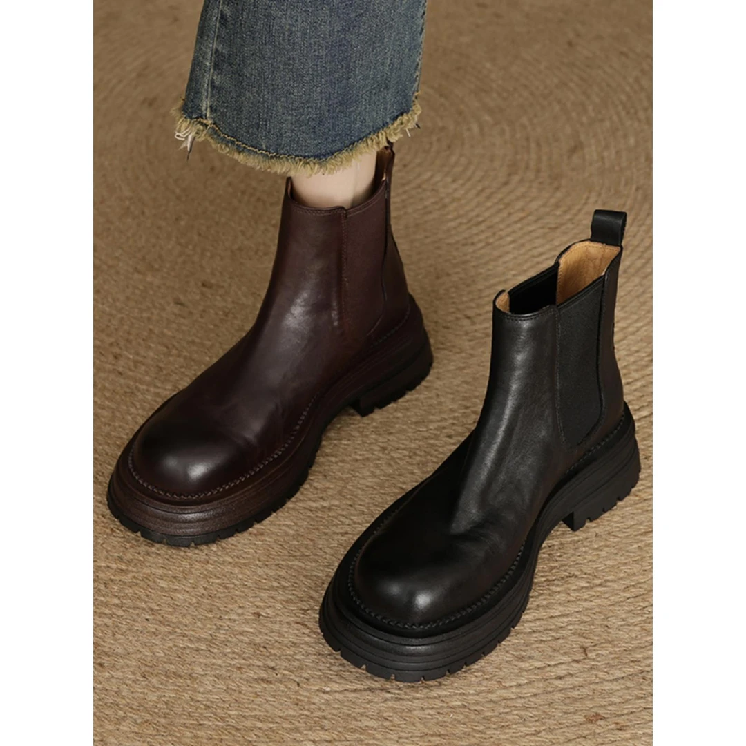 TOUCH MISS头层牛皮秋冬新款美拉德真皮短靴女厚底英伦风切尔西靴