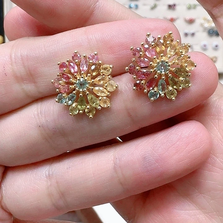 碧玺耳饰银S925镶嵌耳钉