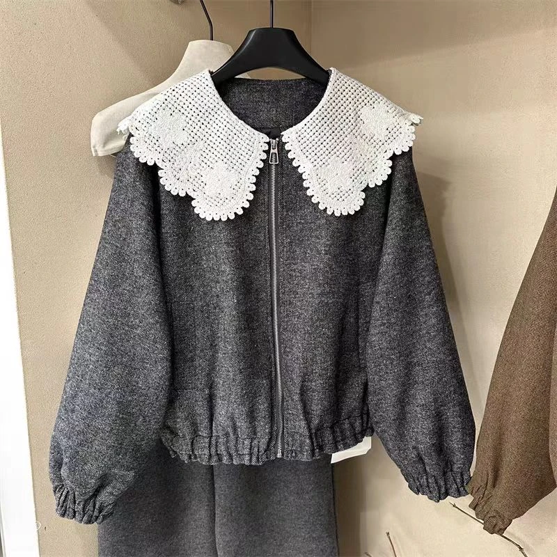 653钩花领子毛呢短款外套冬季保暖显瘦减龄夹克上衣时尚休闲