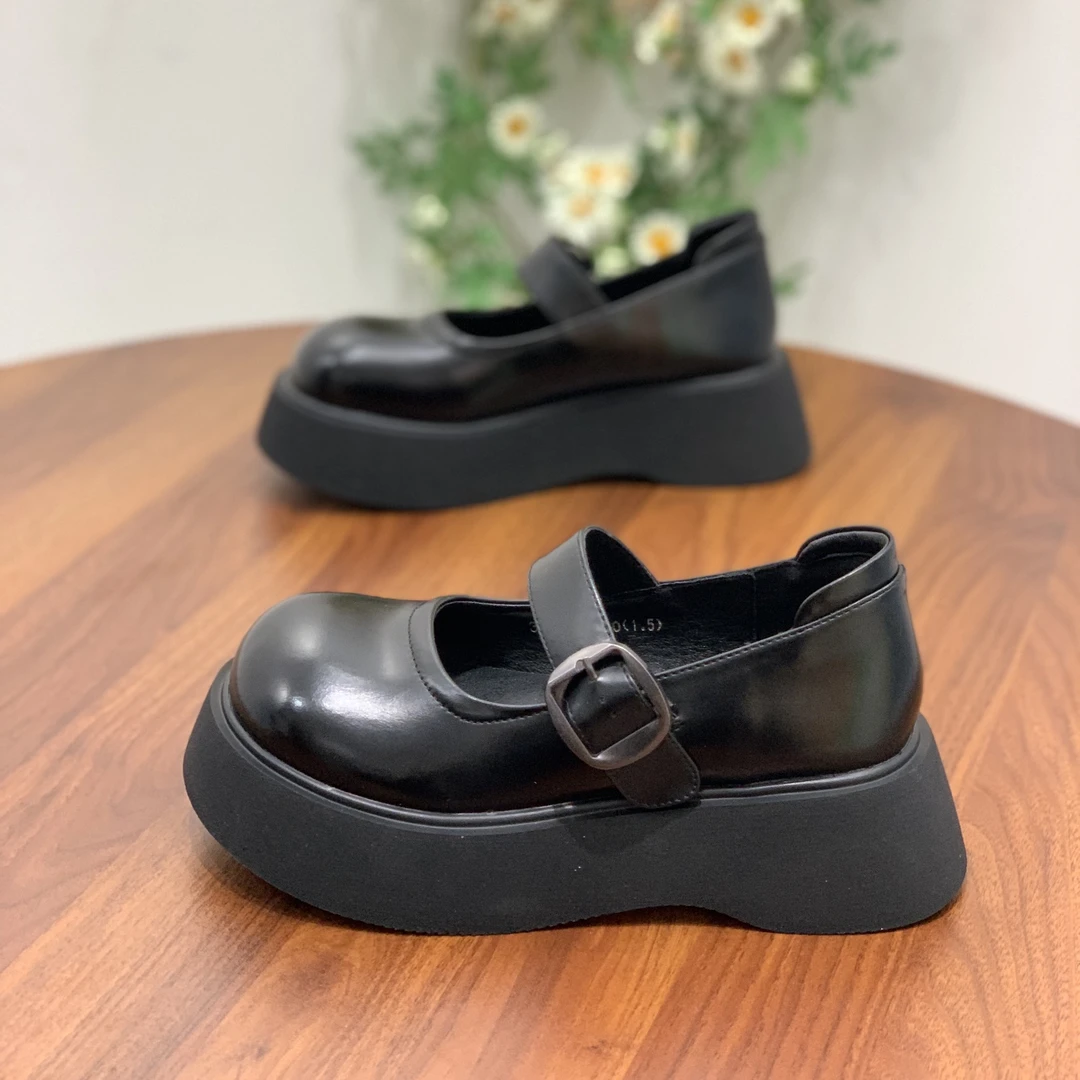 英伦风百搭小皮鞋女2025年春季新款厚底日系一字扣单鞋浅口乐福鞋