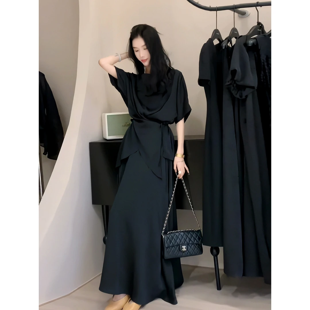 2025年法式气质大码套装裙女夏季不规则系带衬衫高腰半身裙两件套