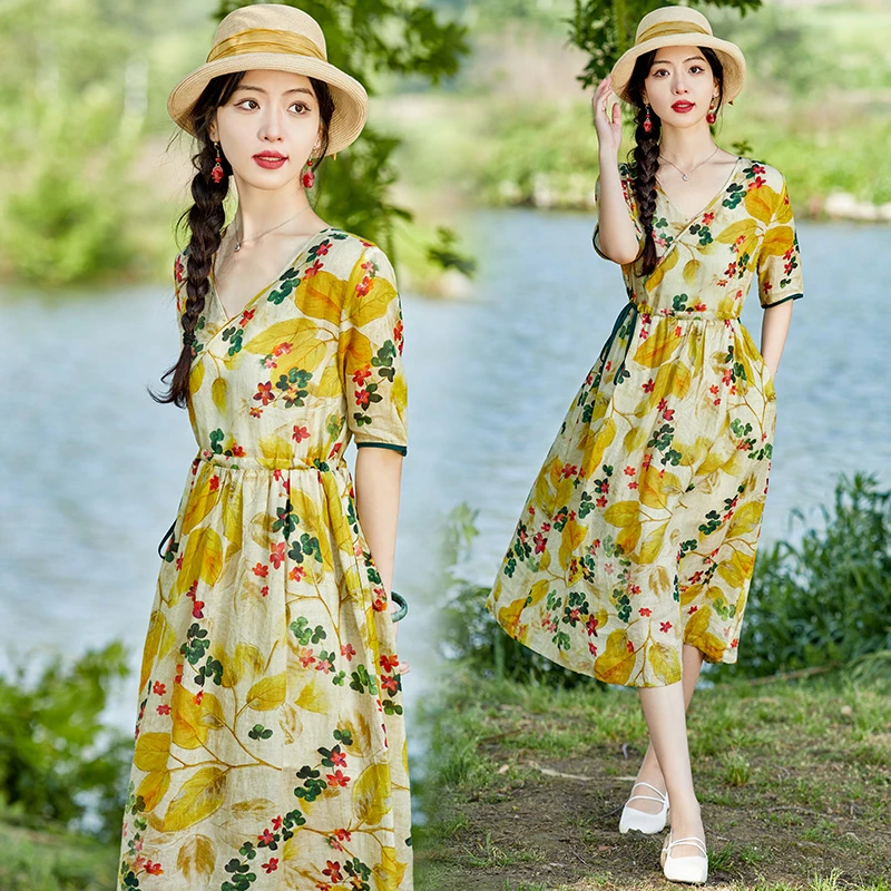 法式气质印花V领连衣裙女2025年夏季新款系带收腰显瘦中长款裙子