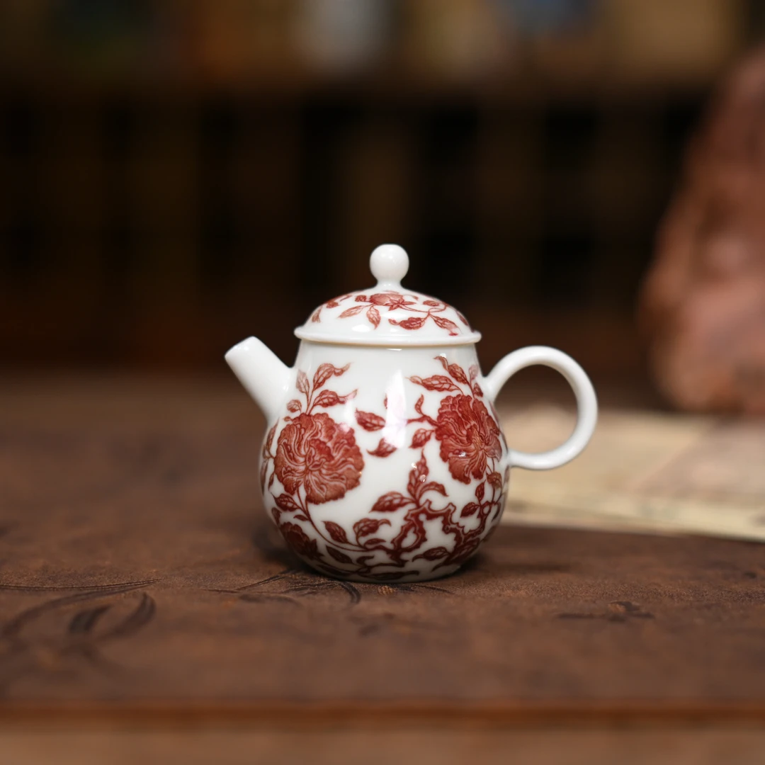 【悦生活】釉里红-山茶花小奶瓶壶（QYT0114）