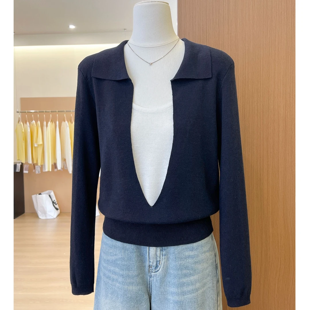 秋装女装撞色U领假两件长袖上衣韩系时尚气质针织衫独特漂亮小衫