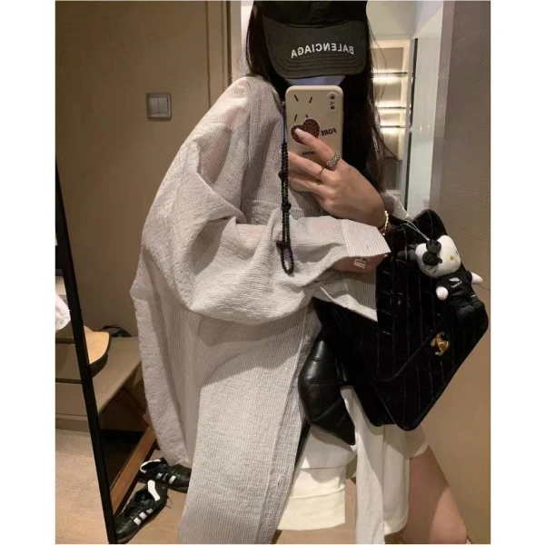 2025夏季慵懒风休闲暗条纹防晒衬衫女中长款外套夏宽松长袖空调衫