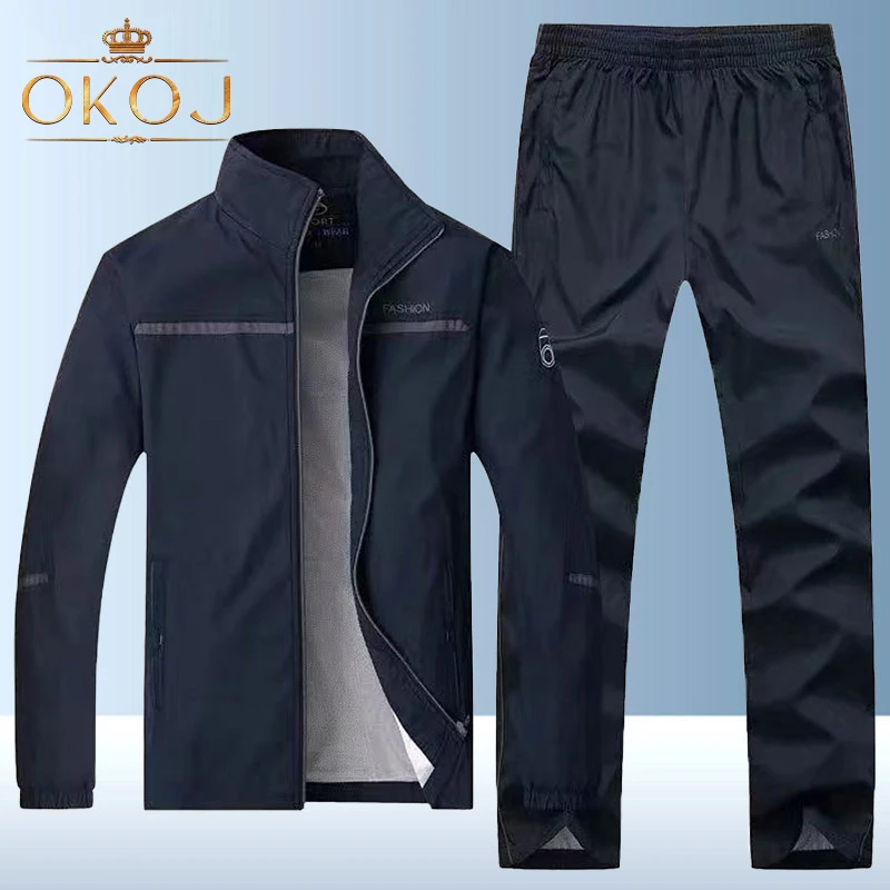 OKOJ时尚运动套装男士秋季新款立领开衫夹克外套中年休闲两件套