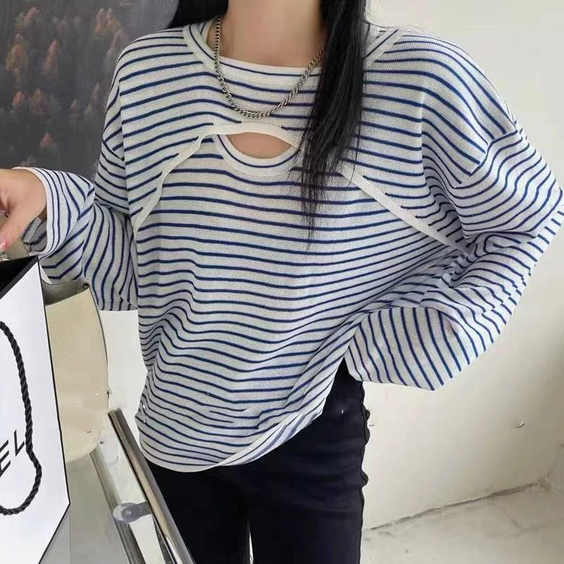 薄款小心机镂空设计感条纹针织衫套头长袖上衣T恤女FG1154