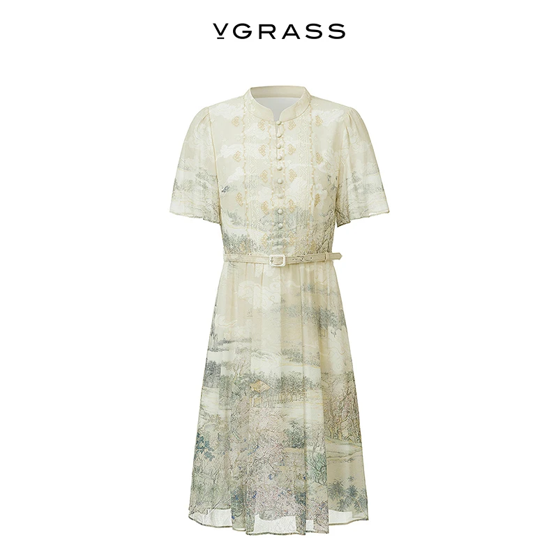 VGRASS定位绣花连衣裙夏新款12MM乔其桑蚕丝中式裙子VSL2P2423C