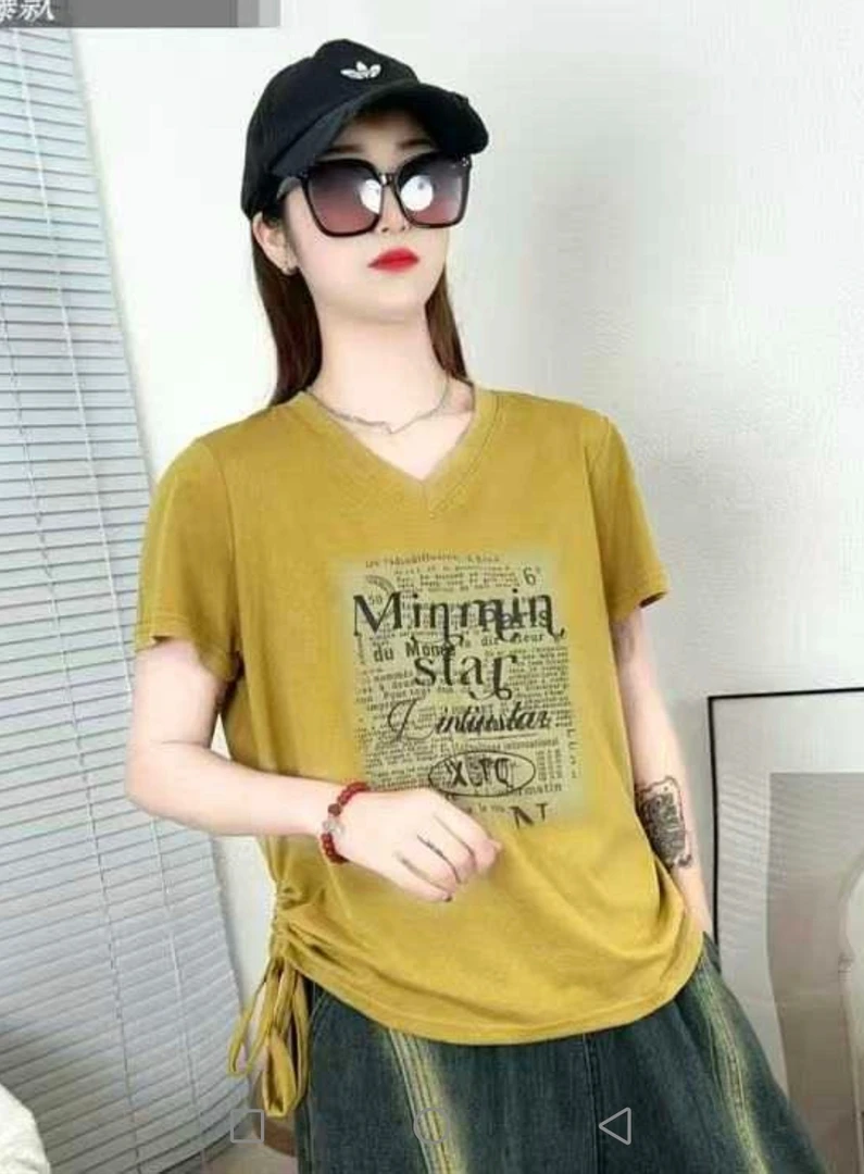 依美阁女装推介V领抽绳短袖体桖休闲时尚百搭