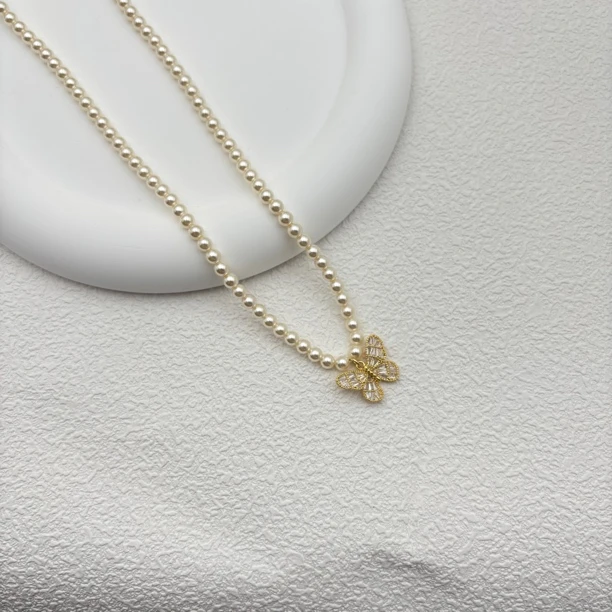 铜合金仿珍珠项链 4mm小米珠项链春夏蝴蝶精致百搭锁骨法式