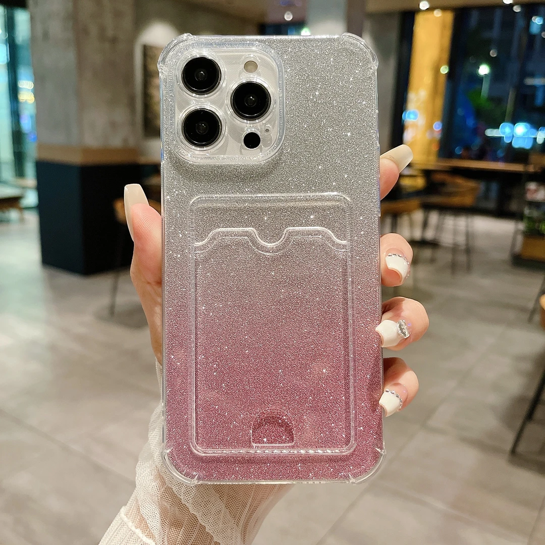 四角新款适用苹果17pro手机壳加渐变闪粉卡包16PROMAX防摔保护套