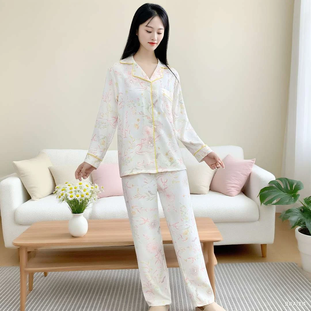 云朵棉长袖长裤睡衣女款2025新款春秋翻领开衫家居服可外穿两件套