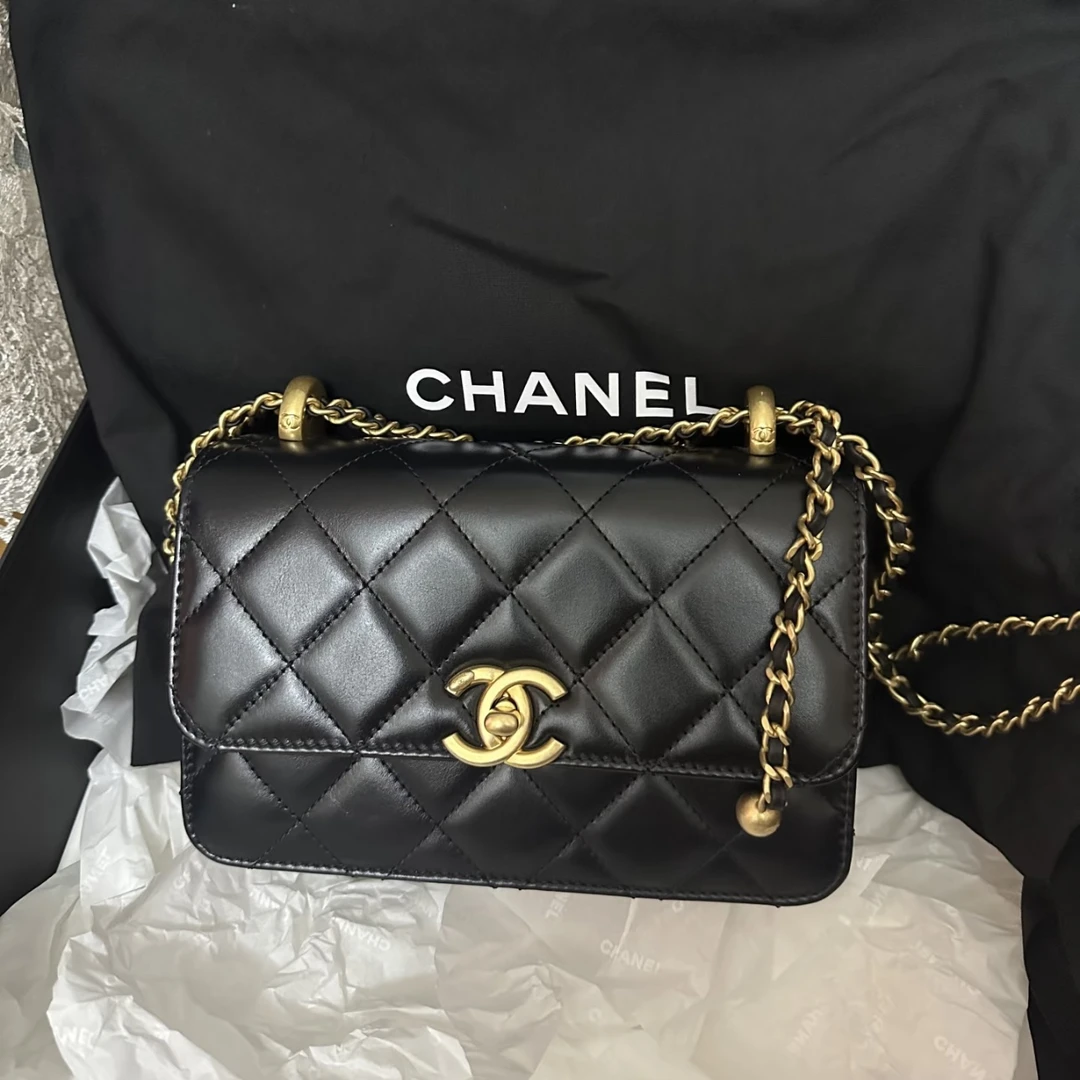 99新 Chanel/香奈儿 艾瑟尔中古/21a黑金双金珠单肩包/42ak
