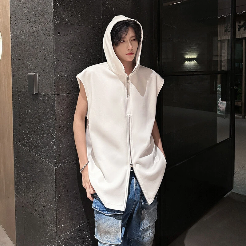 美式高街连帽T恤男款夏季高级感金属拉链设计感小众无袖坎肩背心