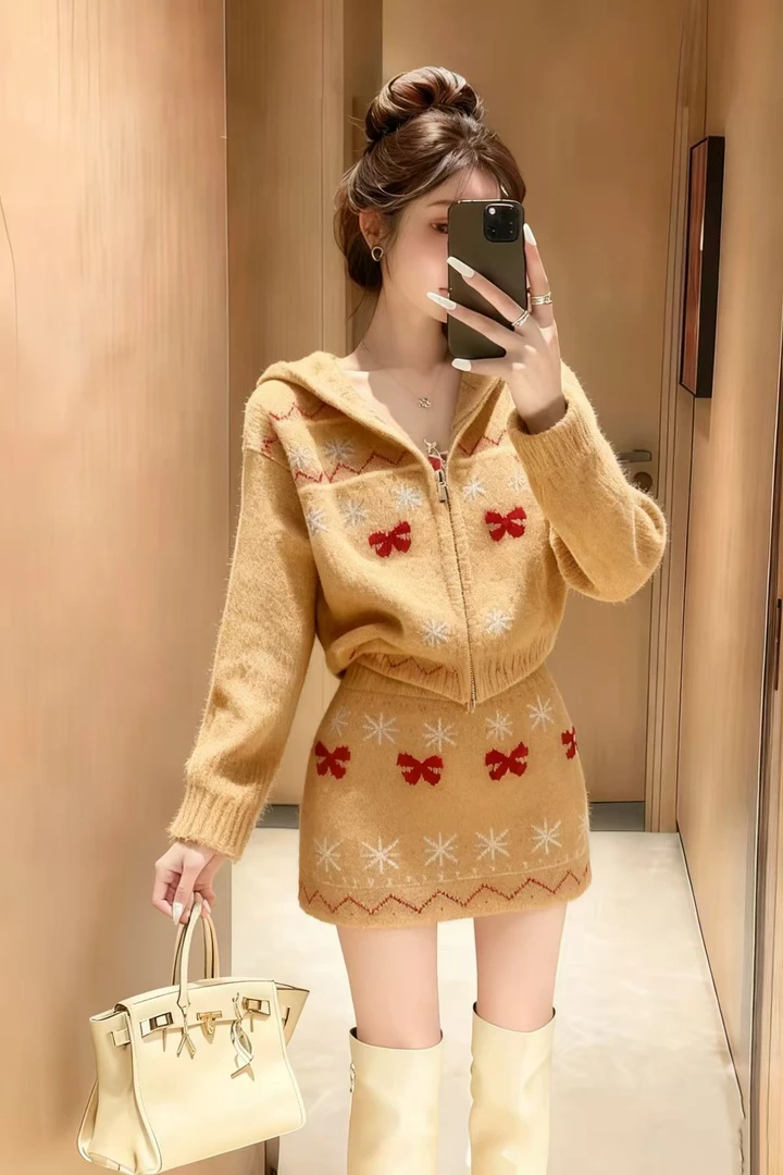 韩版秋冬小香风针织连帽拉链长袖外套上衣+针织包臀裙肉桂色套装