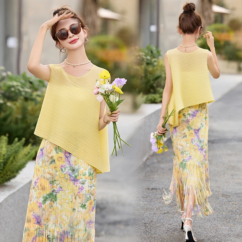 夏季时尚显瘦气质套装不规则减龄优雅百搭上衣印花半身裙两件套