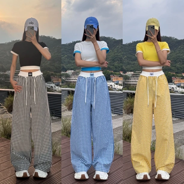 橙子·欧货夏季薄款格子阔腿长裤辣妹大女主垂感多巴胺拖地裤