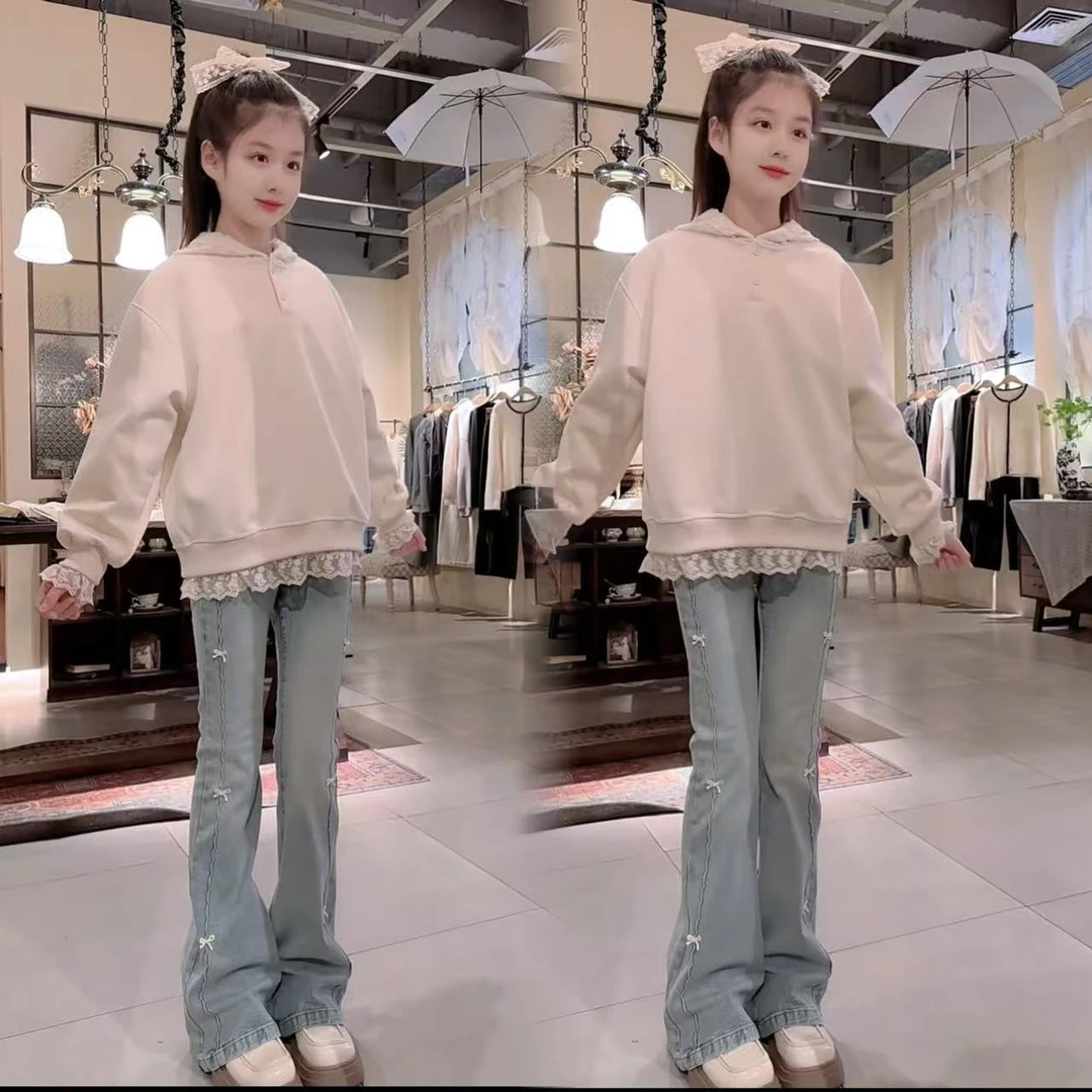 女童春秋套装2025新款洋气时髦中大童蕾丝花边连帽卫衣
