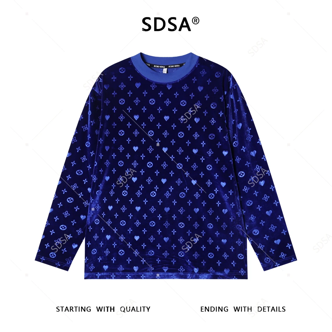 SDSA男士秋冬新款痞帅男装植绒刺绣十字爱心圆领长袖T恤百搭时尚