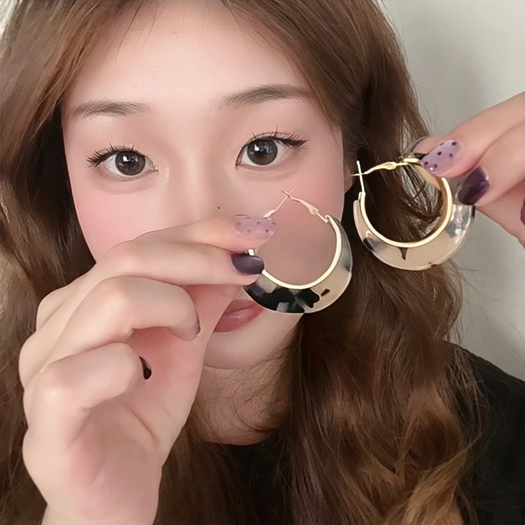 合金亚克力耳饰 个性豹纹亚克力圆圈耳扣耳环时尚小众高级几何耳